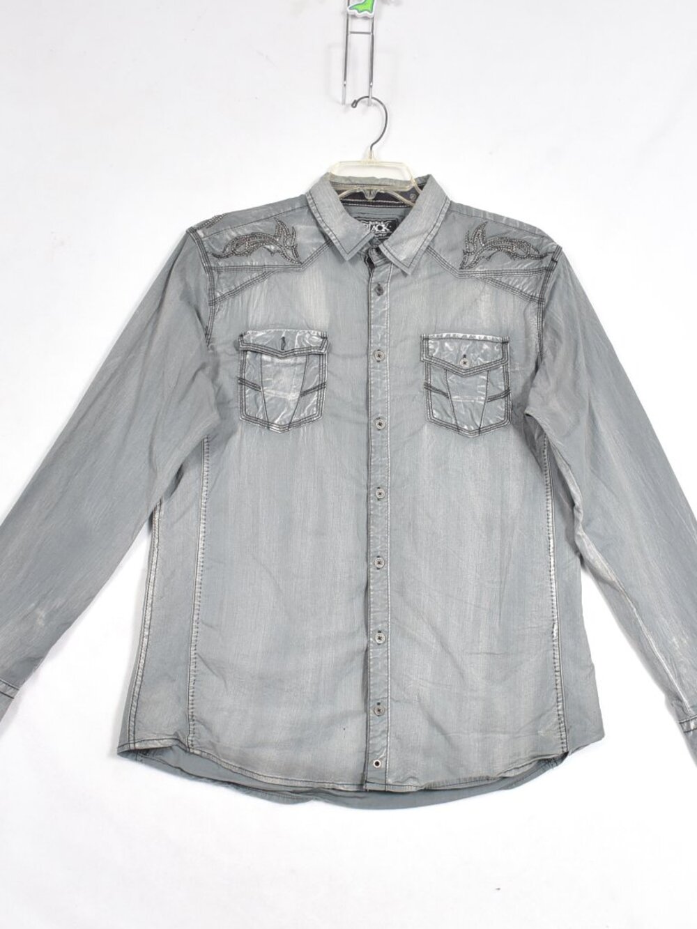 Buckle Black Men's Size Large Gray Long Sleeve Shirt Pockets Embroidered
